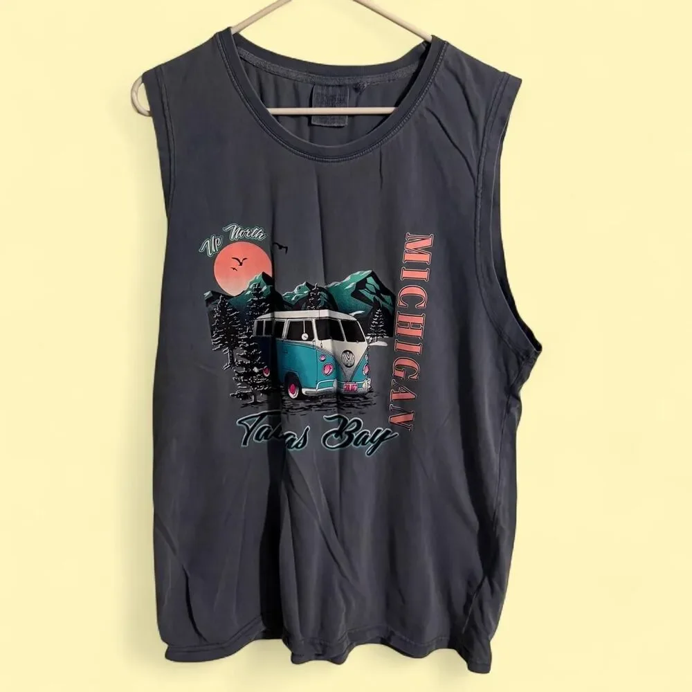Comfort Colors tank top mens L blue Michigan Tawas Bay graphic sleeveless